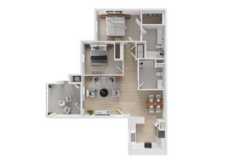 Floor plan for 2 beds, 2 baths, 1042 sqft